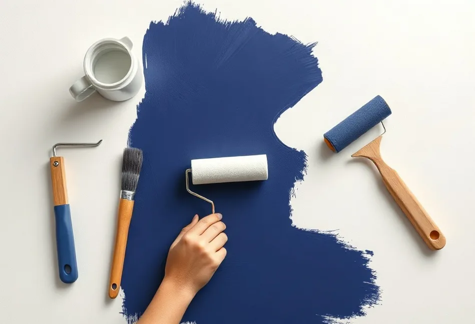 Outils de peinture disposés dans l'ordre des étapes du chantier