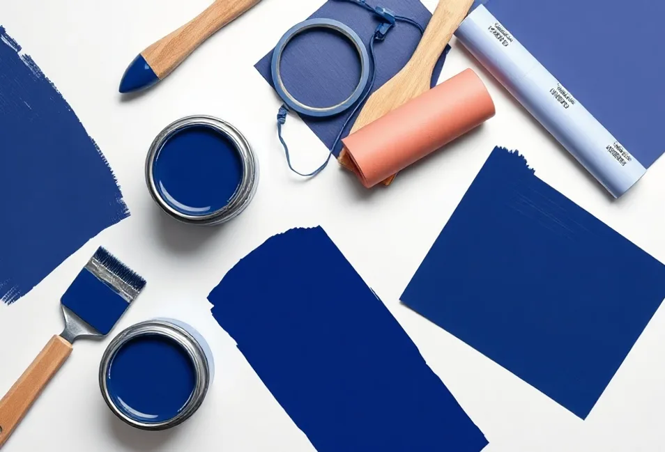 Pots de peinture, nuancier, brosses et rouleaux disposés à plat