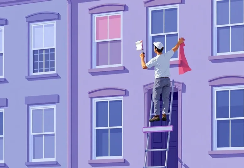Peintre sur échafaudage traitant la façade d'une maison