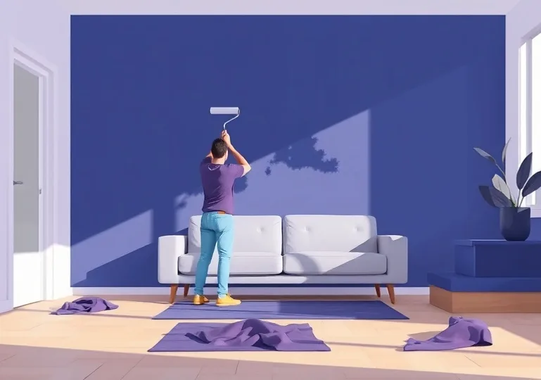 Peintre appliquant la peinture au rouleau sur un mur de salon